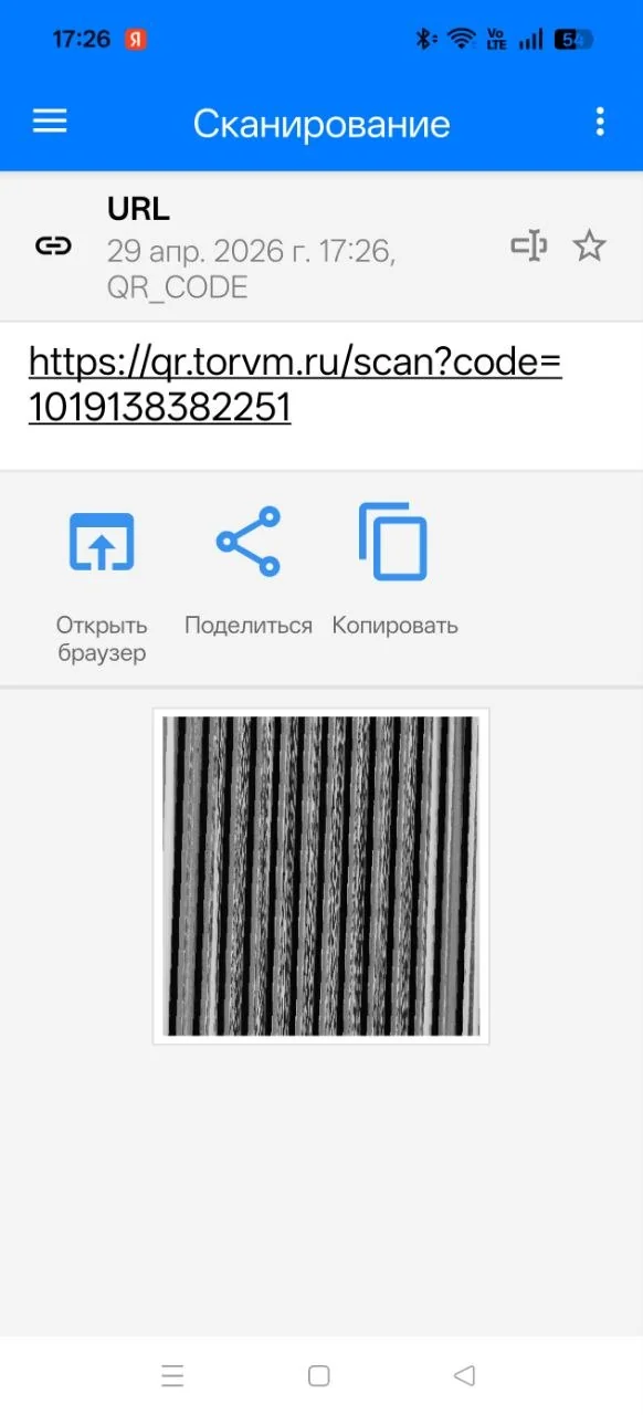 Phone scanner app showing the decoded link to qr.torvm.ru.